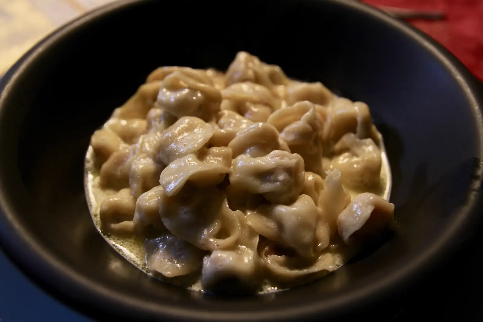 A plate of tortellini in a cream sauce, a classic Bologna pasta