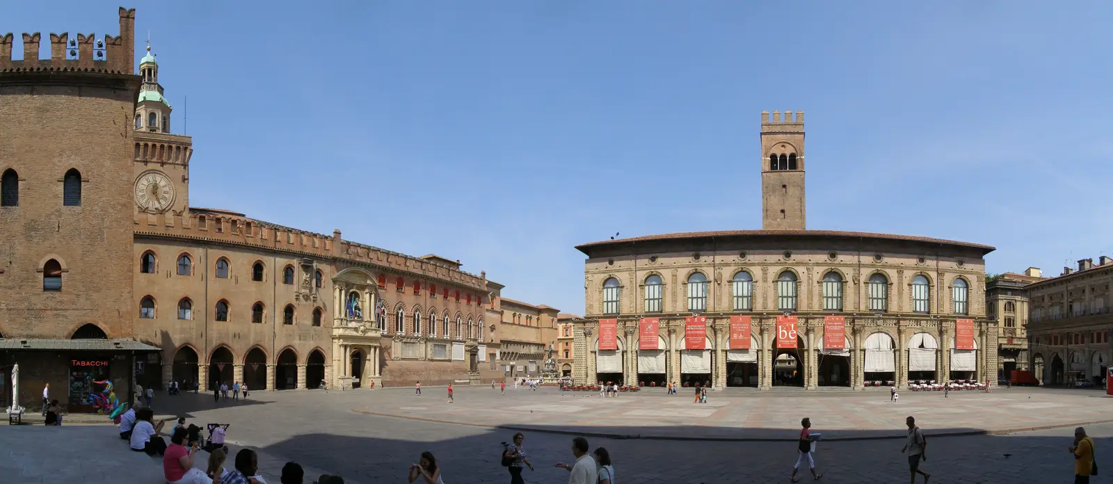 Wide daytime view across Piazza Maggiore in Bologna